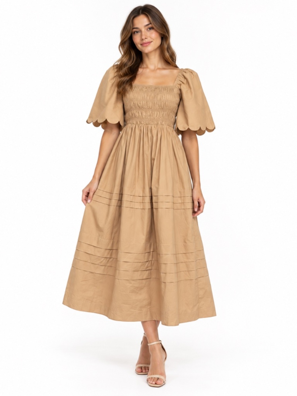 English Factory - Scalloped Sleeve Smocked Midi Dress